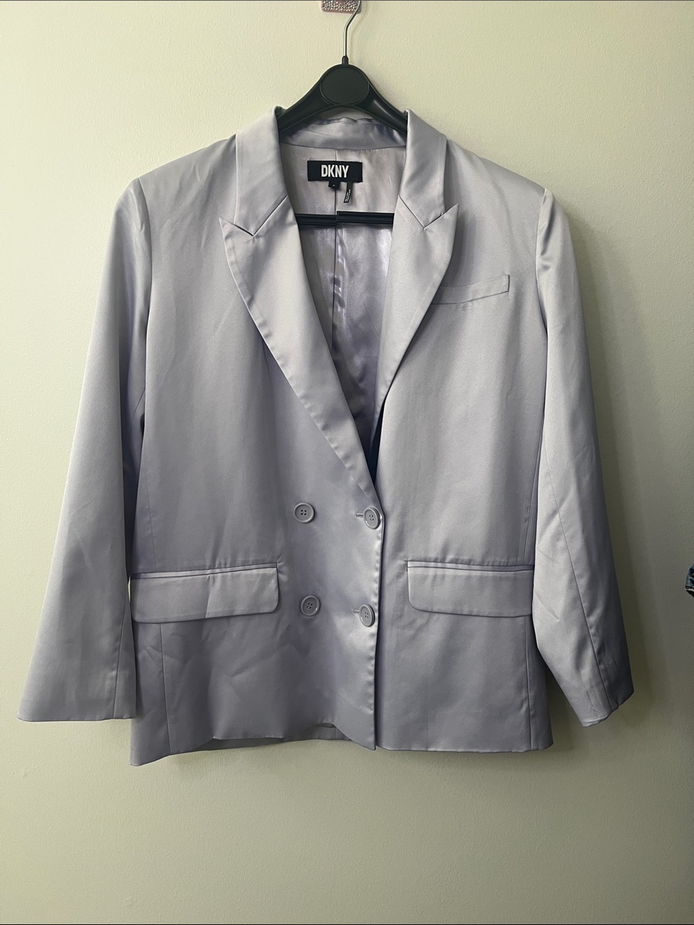 DKNY Light Silver Lilac Lavender Satin Double-Breasted Blazer Size Medium